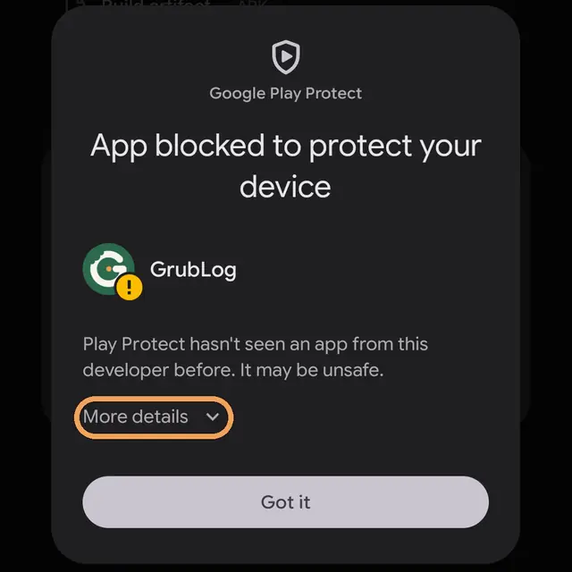 Play Protect App blocked screen with More details circled