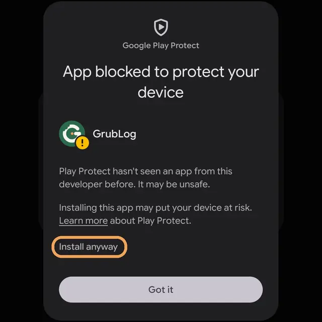 Play Protect screen expanded, with Install anyway circled