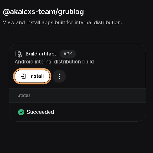 GrubLog build page on expo.dev with the Install button circled