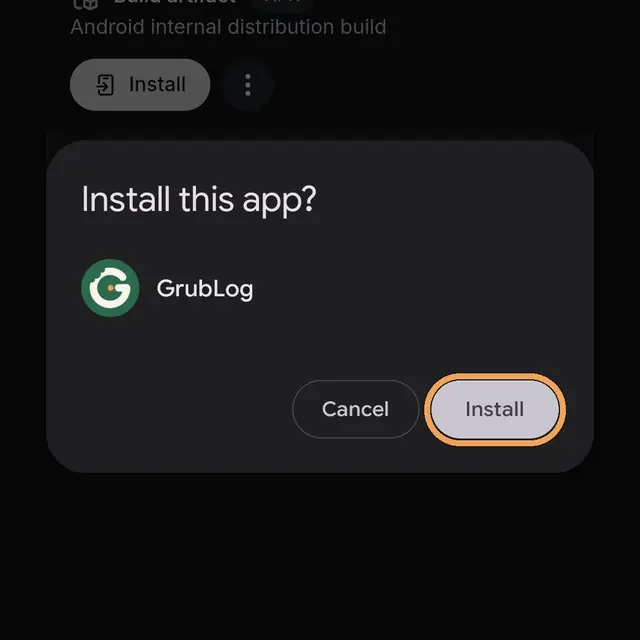 Install this app? dialog for GrubLog with the Install button circled
