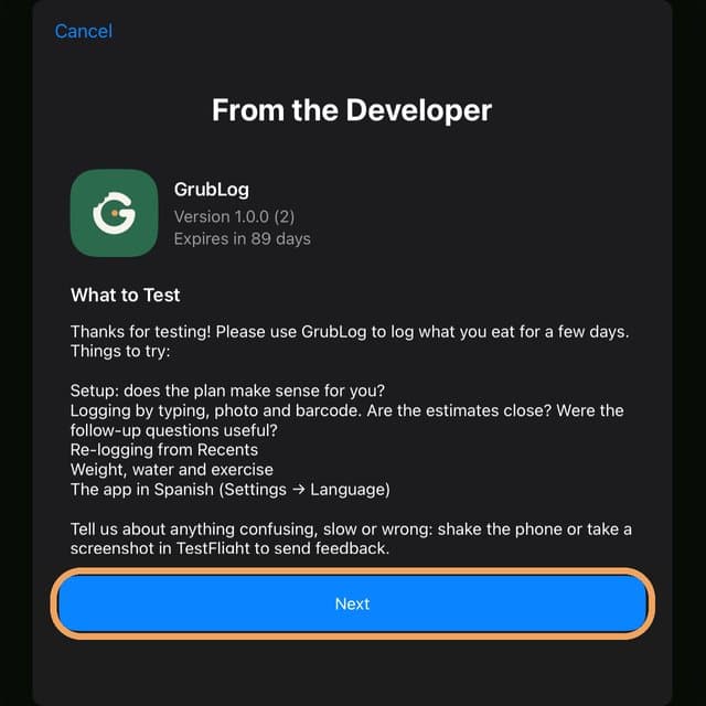 From the Developer screen with the Next button circled