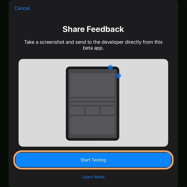 Share Feedback screen with the Start Testing button circled