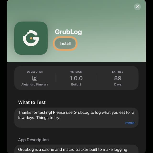 GrubLog in TestFlight with the Install button circled