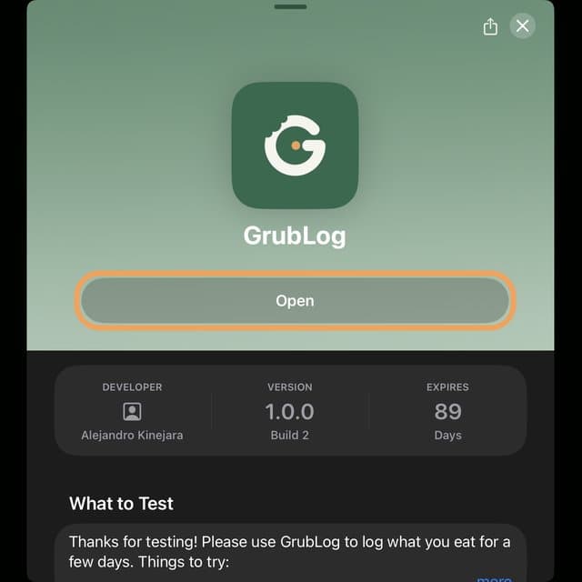 GrubLog in TestFlight with the Open button circled