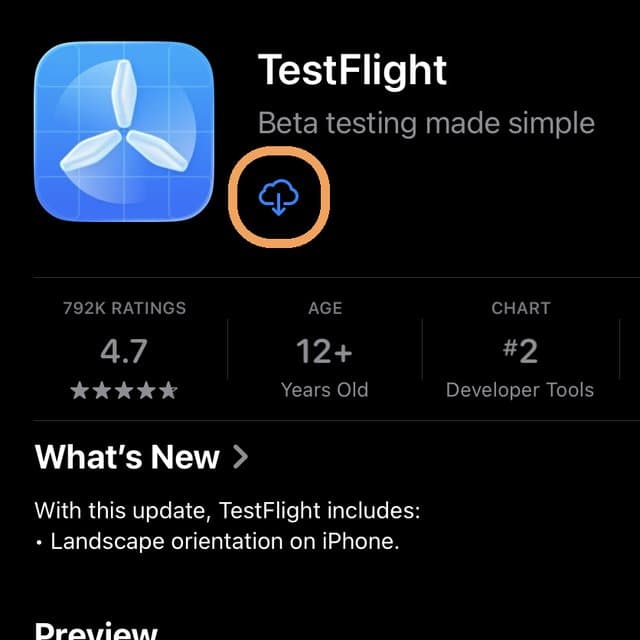 TestFlight on the App Store, with the download button circled