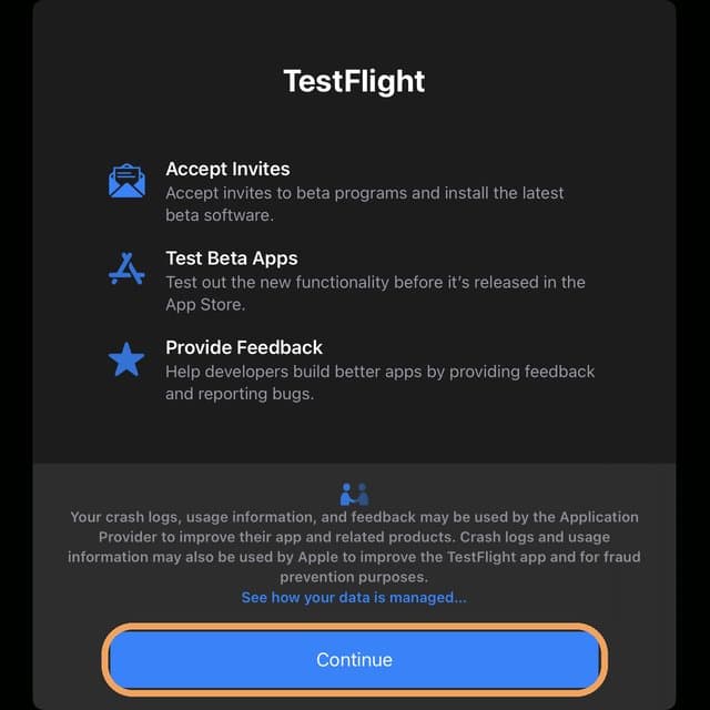 TestFlight welcome screen with the Continue button circled